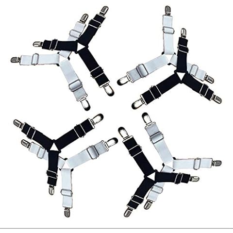 COSORO 8PCS Adjustable Bed Sheet Fasteners Metal Clips -3-Way Adjustable Mattress Fastener Grippers Suspender Straps,Sofa Anti Skid Fixed Clothes Trousers Curtain Clips (4 Black +4 White) Cover
