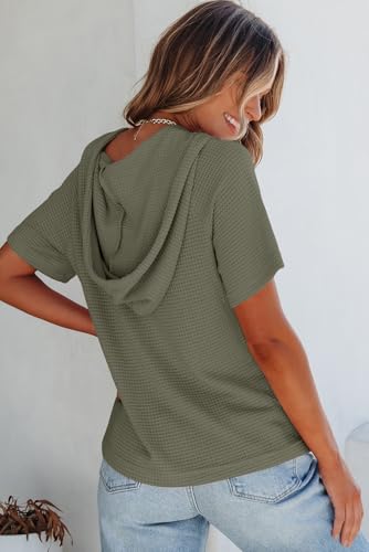 Image of Dokotoo Womens Summer Tops Waffle Knit Short Sleeve Lightweight Drawstring Hoodies Button V Neck Casual Blouses Shirts