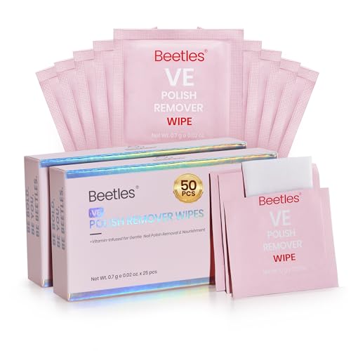 Beetles Nail Polish Remover Wipes - Non-Acetone, 50 Pack 2-in-1 Remove & Nourish Nail Polish Remover Pads - Travel Size, Individually Wrapped with Vitamin E for Quick Dry Nails Polish