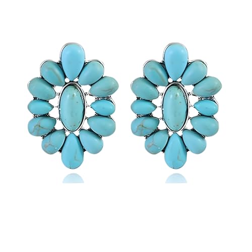 Natural Turquoise Earrings for Women Handmade Gemstone Earrings Bohemian Western Natural Turquoise Geometric Flower Earrings Ethnic Boho Western Country Jewelry (Green Flower)