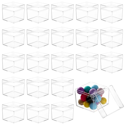 SWEWARM 50 cajas acrílicas con tapas, mini cajas transparentes de 5 x 5 x 5 cm, vitrinas cuadradas transparentes, cubos de almacenamiento apilables, recipientes pequeños para recuerdos de boda, joyas