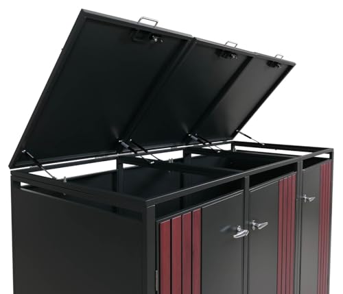 3er-Mülltonnenverkleidung HWC-O67, Mülltonnenbox mit Deckel, Metall 122x200x84cm 83kg - anthrazit Holzoptik dunkel
