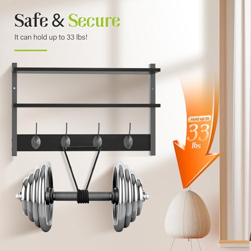 Orapoke 2 Tier Coat Rack Wall Mount with Shelf, 33" Wall Shelf with Hooks, Entryway Key Holder for Wall with 8 Heavy Duty Double Hooks, Coat Hook Wall Mounted for Bedroom, Living Room, Black - image 5