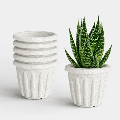 Image of YUCCABE ITALIA SHERA Floot Round Plastic Flower Pot Planter Suitable for Indoor Outdoor Kitchen Garden (Marble White, 6 Inch - 6 Pcs)