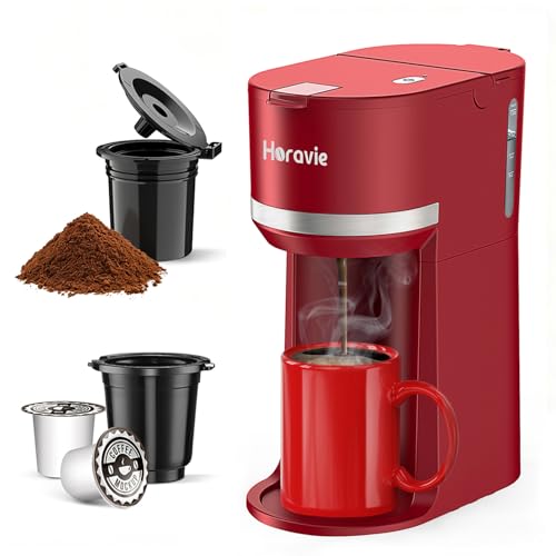 Image of Horavie Mini Single Serve Coffee Maker for K-Cup Pod and Grounds, Fast Brew One Cup Coffee Machine with Descaling Reminder and Water Window, 6 to 12 oz. Brew Sizes, Red