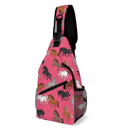 Lightweight Chest Shoulder Backpack, Chest Bag, Fashion Day Pack For Women And Men Horses in Pink