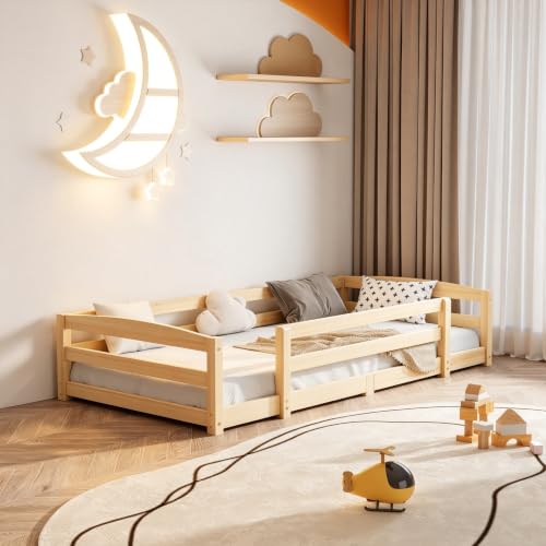 ZIKEBTUY 90x190cm Floor bed Solid pine wood Montessori Floor Bed with Fall Protection and Slatted Frame Load capacity up to 100 kg For boys girls Single childrens beds (Natural wood 90x190cm)