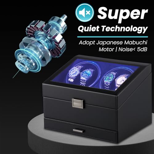 Image of J&T Technology Watch Winder for 4 Automatic Watches, Watch Winder Box with Watch Holders and Jewelry Storage, Quiet Japan-Made Motor,LED Light,Gift for Men & Women