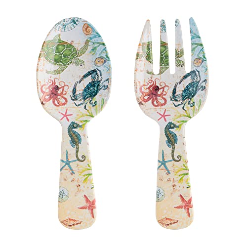 UPware Sea Life Melamine Salad Servers, Serving Utensil Set, Includes Serving Fork and Spoon for Tossing Salad, Multicolor, 10.75 Inch, Set of 2
