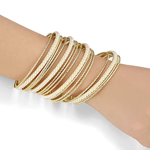 Ensoul Acrylic Pearl-Beads/Glass Seedbeads Mixed Metal Bangles Bracelets for Women Set of 173