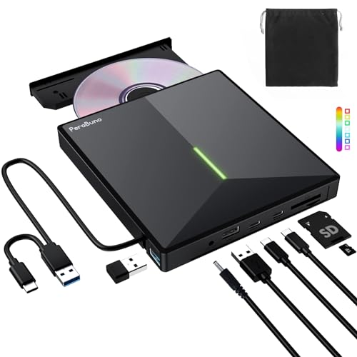 PeroBuno Masterizzatore CD DVD Esterno, Portatile USB 3.0 e Type-C Unità CD DVD Esterna con e 2...