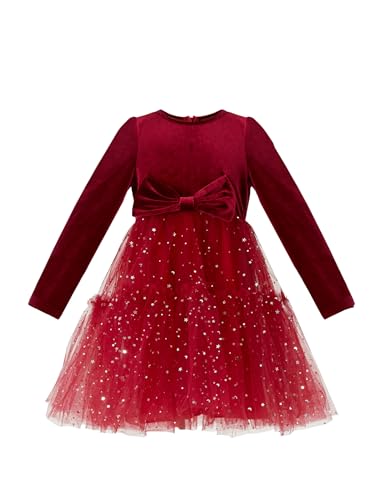 Girl Dress Velvet Long Sleeve Shiny Tulle Fall Winter Dress for Girls Partywear Poster Wine