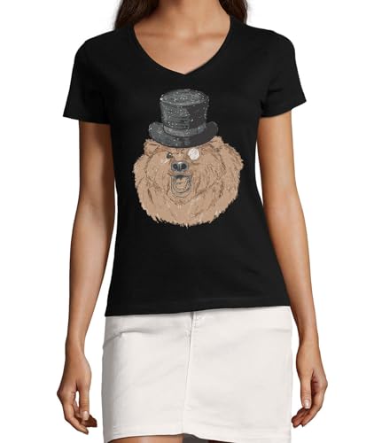 T-shirt col en v coton femme noir Snob Bear haut chic taille S