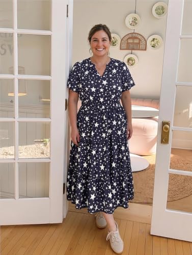 Image of TIYOMI Women Plus Size Dress Boho V Neck Short Sleeve Beach Maxi Dresses Floral /Stripe /Leaves /Lemon XL-5XL