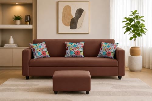 Image of Rosebell 3 Seater Sofa with Ottoman | Living Room Couch | with Printed Cushions | Sofa for Home, Apartment & Office-Brown Color