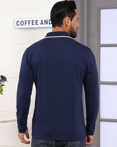 Mens Polo Shirts Long Sleeve Casual Stylish Collared Button Solid Color Golf T Shirts with Pocket3