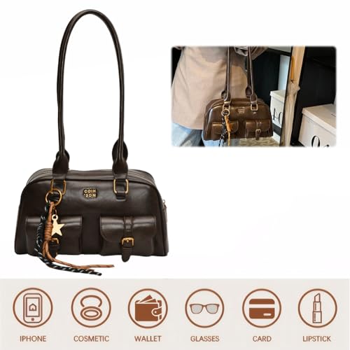 Leather Retro Shoulder Bag for Women with Pendant Casual Purse Tote Handbag Zipper Closure Shoulder Tote Handbag Trendy Purse2