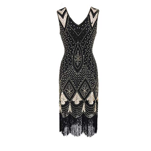 Preisvergleich Produktbild Lazzboy Kostüm 1920er Jahre Flapper Kleid Hochzeit Party Geschichteten Quaste Cocktailkleid Vintage Damen Pfau V Ausschnitt Fasching(W-Gold,M)