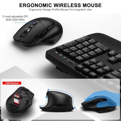 Wireless Keyboard and Mouse Combo 24G Full Size Wave Keys Ergonomic Keyboard with Wrist Rest and 3 Level DPI Adjustable Wireless Ergonomic Mouse for Windows Mac OS DesktopLaptopPCBlack