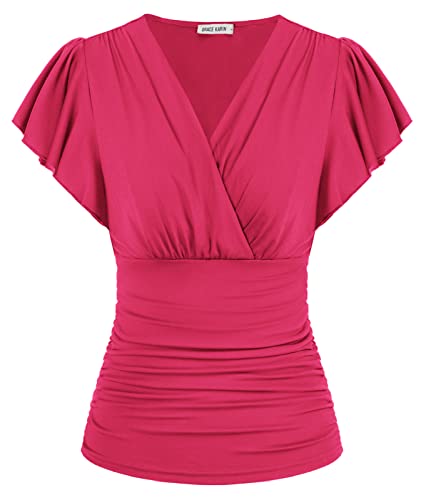 GRACE KARIN Womens Tops Dressy Casual, 2026 Ruffle Sleeve Wrap Blouses, V Neck Ruched Business Work Shirts Rose Red S