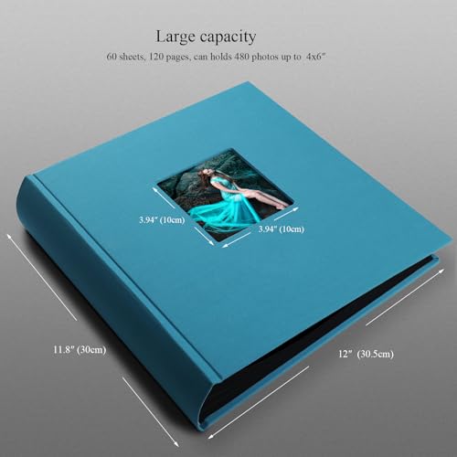 Leinen Fotoalbum zum Selbstgestalten Groß Fotobuch zum Einkleben im Format 30x30.5 cm hat 120 (60Blatt) säurefreien schwarze Seiten (200g/m²), Cyan-blau