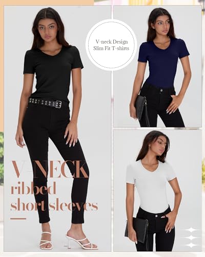 Neer 4 Pack Women's V Neck T-Shirts Cotton Short Sleeve Ribbed Slim Fit Tops Casual Summer Basic Tee Multipack4