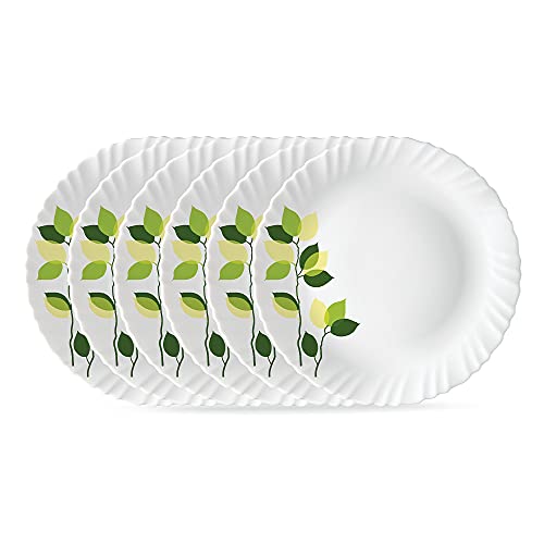 Image of Larah by BOROSIL Green Leaves 6 Pcs Opalware Plate Set (Dia - 10 inch), White