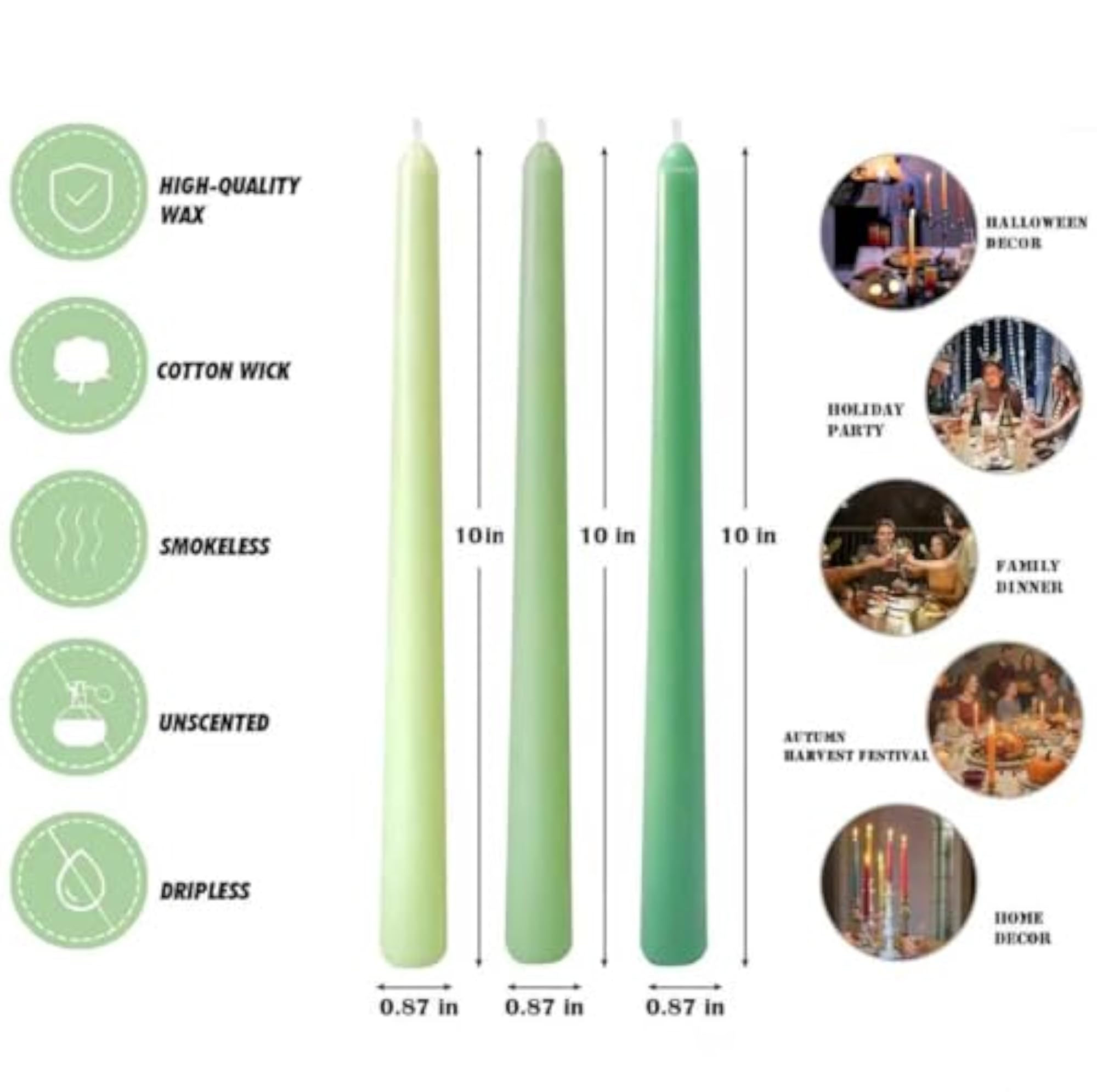 12-Pack Gradient Green Taper Candles, 10 Inch