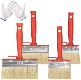 HONMOK 4 Pack Fence Paint Brush with 1 Pair Nylon Work Gloves Decking Paint Brush 70mm 90mm 120mm 140mm Timber Block Brush for All Types of Oil Walls & Ceilings Painting Jobs