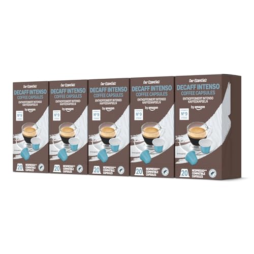 by Amazon Capsule in plastica di caffè Intenso decaffeinato compatibili con Nespresso, 100 pezzi (5 confezioni da 20), Certificate Rainforest Alliance