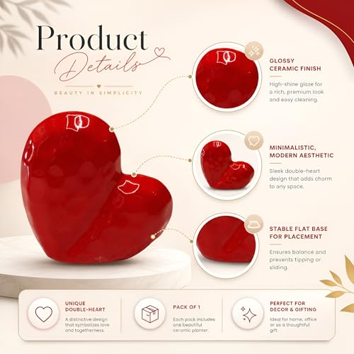 Image of Xtore Romantic Heart-Shaped Ceramic Showpiece for Home Decor | Artistic Tabletop Accent for Living Room, Bedroom & Gifting (Red, Pack of 1)