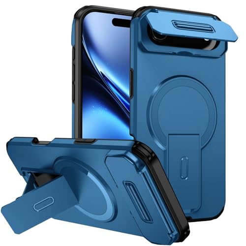 Coque iPhone 17 Air 6,5" magnétique bleue avec béquille intégrée et cache caméra coulissant