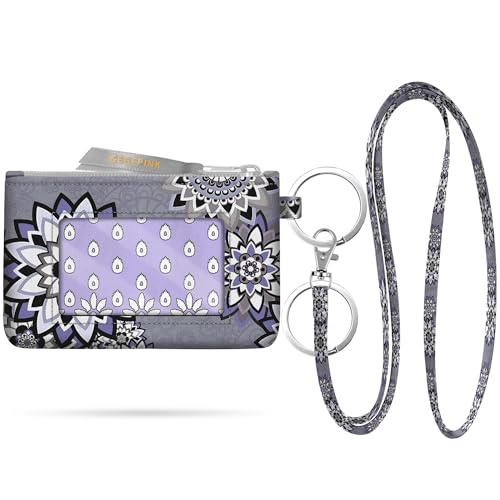 GEGEPINK ID Case Keychain Wallet with Lanyard Minimalist Water Resistant Small Coin Pouch with Clear ID Window Cute Zipper Coin Pouch-Vintage Boho Grey Purple Wallet Keychain