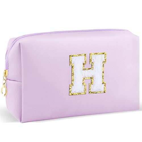 URSKYTOUS Gifts for Girls Initial Makeup Bag Personalized Cosmetic Bag with Zipper Cute Travel Toiletry Bag Waterproof PU Preppy Makeup Pouch Birthday Gift for Teen Girls Women(Purple H)