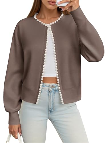 Image of Saodimallsu Womens Fall Open Front Cardigan Sweaters Pearl Long Sleeve Knit Tops Crewneck Dressy Casual Sweater Jacket