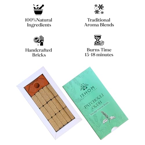 Image of ISHOM Smudge Incense Bricks Made with Patchouli Leaves & Oudh Oil, Long Lasting Aroma for Air Purification & Relaxation, Ideal for Meditation, Home Rituals & Aromatherapy (Pack of 15 with Holder)