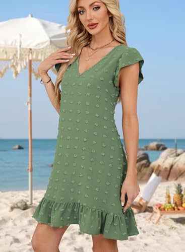 Image of QACOHU Spring Summer Dresses for Women 2026 V Neck Cap Sleeve Ruffle Hem Smock Short Casual Beach Dress
