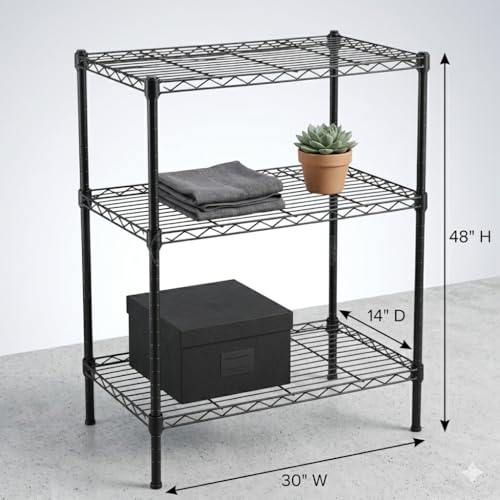 Image of Premium Heavy-Duty 3-Tier Black Metal Wire Storage Rack Shelf Organizer | Adjustable Multipurpose Freestanding Shelving Unit for Home, Office, Kitchen | Size 14 inch D x 30 inch W x 48 inch H Inch