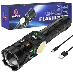 ESGOFO Rechargeable Flashlights High Lumens 10000 Long Distance, Super Bright LED Flash Light Long Lasting USB C LCD Display, Double Light Source & Buttons with Red Light, for Camping Hiking Emergency