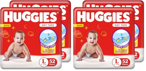 Image of Huggies Dry Tape | Adjustable Tape Style Diapers, Large (L) Size (9-14 Kgs), Combo Pack of 208 | Up To 2X Faster Absorption, Up To 12 Hours Overnight Absorption