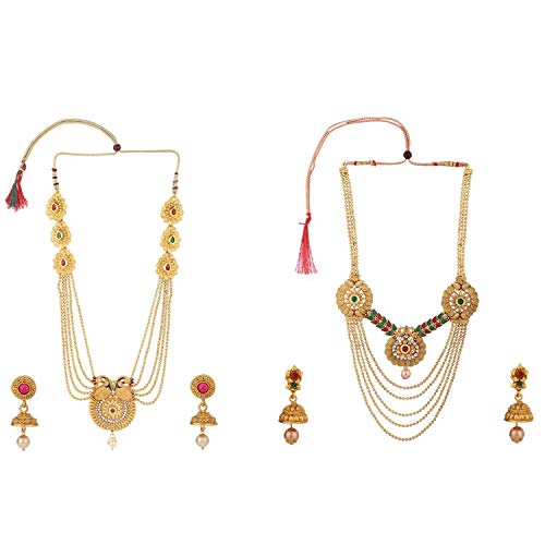 Efulgenz Indian Ethnic Bollywood Traditional Faux Ruby Emerald Rhinestone Heavy Bridal Designer Multistranded Peacock Lariat Necklace and Earrings Jewelry Set for Women and Girls