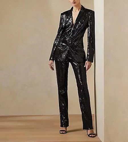 Women Suits 2 Piece Shiny Sequin V Neck Jacket Blazer Pants Sets for Prom Dinner Party3
