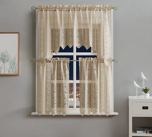 LinenZone Linen Lace Kitchen Curtains 3 Piece Set Includes Floral Paisley Valance and a Pair of 24 Inch Tiers. Lace Cafe Curtains for Farmhouse, Vintage & Retro Decor. (Riba 24" Set, Linen)