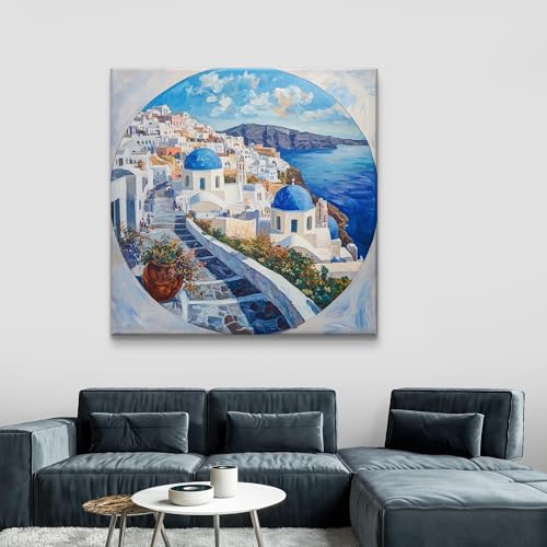 Tableau Santorin 30x30cm décor de dôme bleu sur toile imprimée avec cadre intérieur