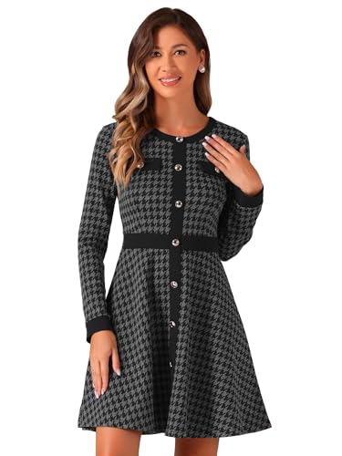 Allegra K Damen Elegant A-Linien Kleid Hahnentrittmuster Kontrastfarbe Rundhalsausschnitt Mini Kleid Dunkel Grau M