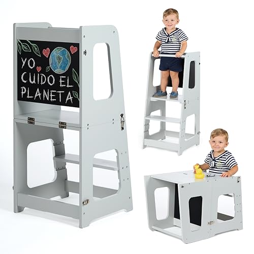 KYWAI® Torre de Aprendizaje Plegable de Madera Premium, Torre Aprendizaje 3 en 1 Convertible en Mesa y Silla – Empresa Comprometida con la Reforestación, Desde 1 Año, Escalón Ajustable (Gris Perla)