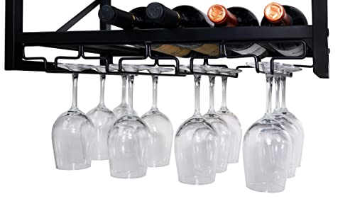 Farmhouse Wall Mounted Wine Rack With Tilting Display Shelf, Wall Hanging Wine Rack, 3-Tier Shelves With Stemware Glasses Holder For Wine Storage, Wine Display Shelf For Kitchen Living Room Cafe Bar #TOP6