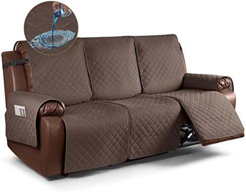 KinCam Waterproof Recliner Sofa Cover, Non-Slip Reclining Couch Covers for 3 Seat, Recliner Couch Cover Furniture Protector with Elastic Straps for Pets, Kids, Brown