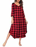 Ekouaer Nightgowns Long 3/4 Sleeve Lounge Dress Women Plus Size Loungewear V Neck Loose Full Length Maxi Sleepshirt Red Plaid, XX-Large