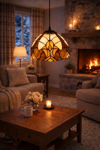 Image of Delight Creations Stained Glass Hanging Pendant Lamp, Amber Brown Mosaic Glass Shade with Black Cord, Decorative Ceiling Light for Home & Cafe (Free Bulb) (Design - 9)